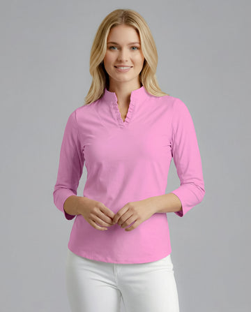 Solid 3/4 Sleeve Ruffle Placket Mock Top 9900