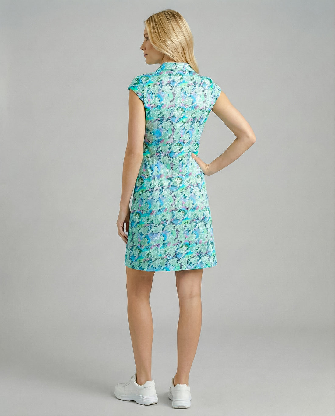 Houndstooth Polo Neck Cap Sleeve Polo Dress W/Pocket 67Z07