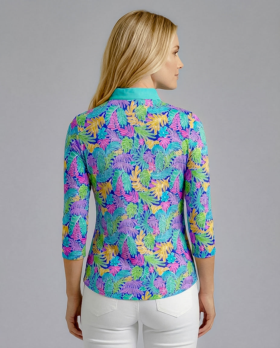 Deep Forest 3/4 Sleeve Ruffle Placket Mock Top T99Z44