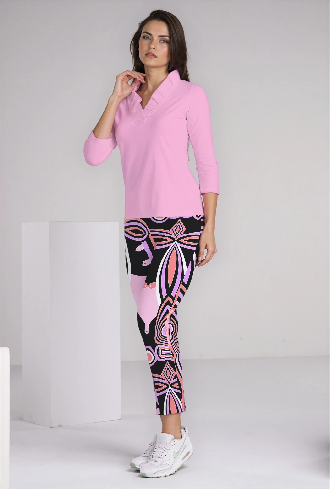 Solid 3/4th Sleeve Ruffle Portrait Neck Top 7600