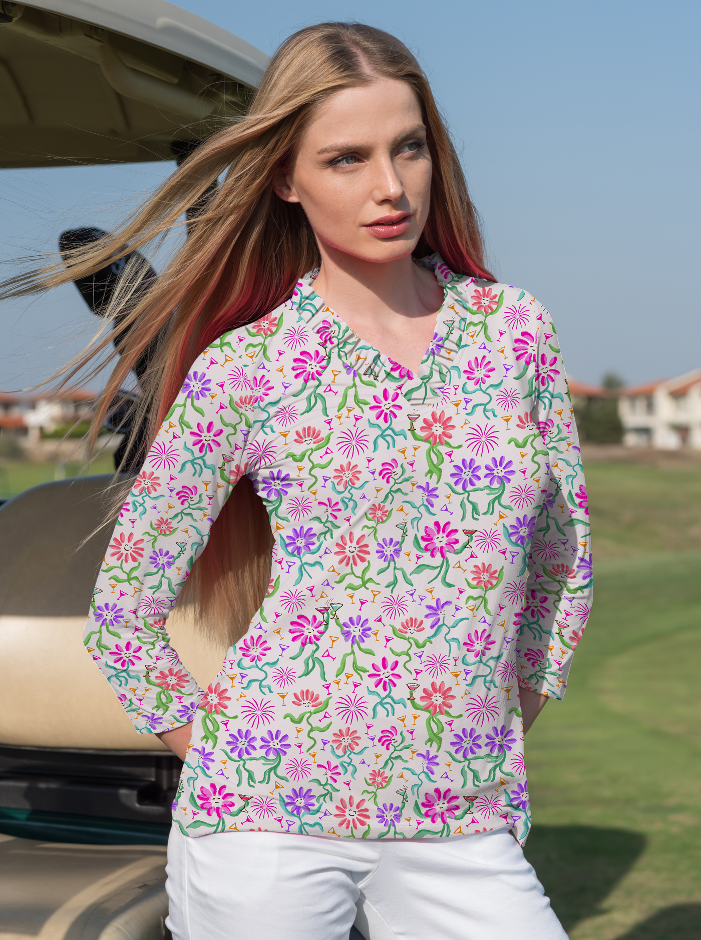 Daisy cocktail party 3/4th Sleeve Ruffle Portrait Neck Top 76Z55