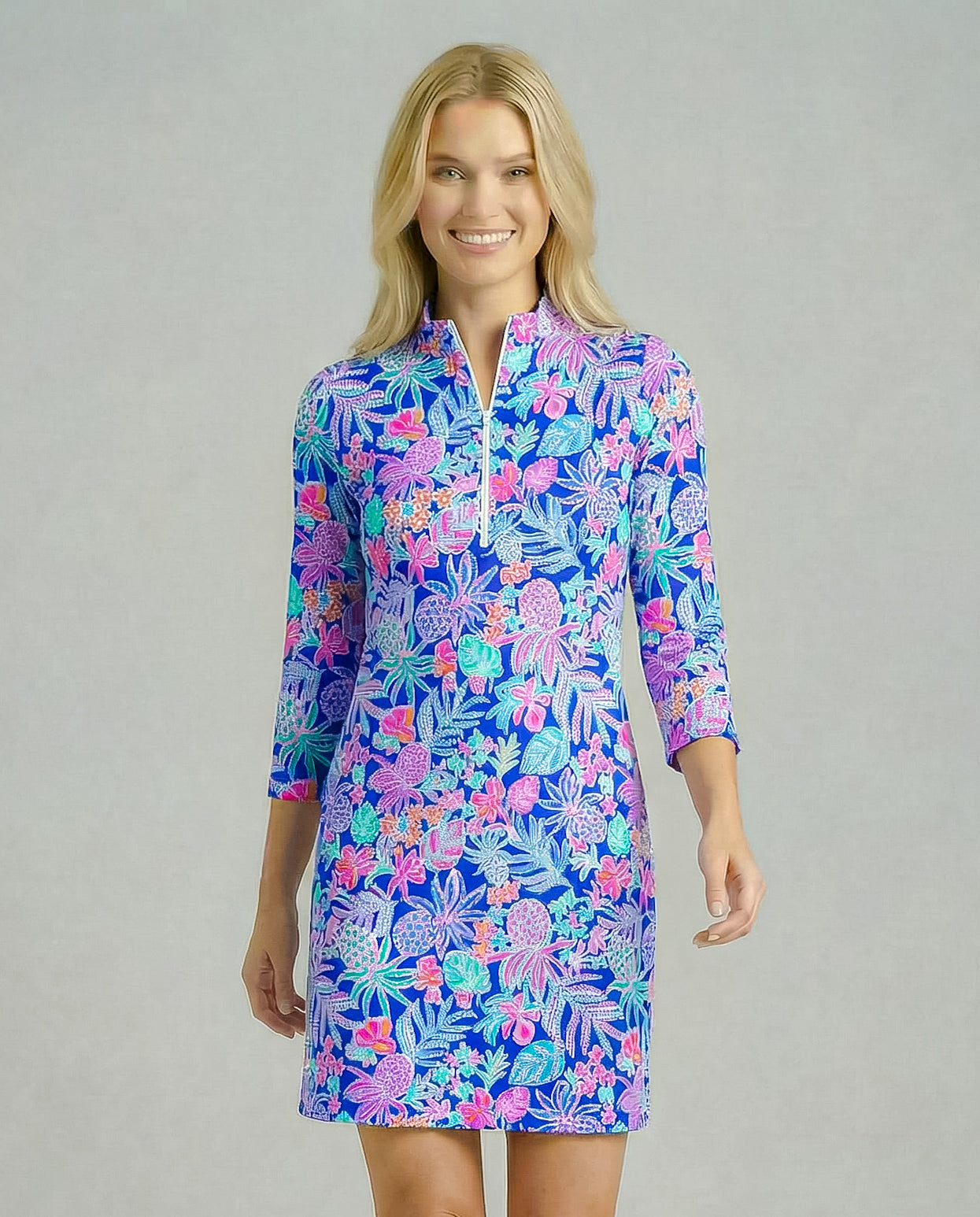 Tropical Basket 3/4 Slit Sleeves Portrait Neckline & Mock Zip Collar Dress 50Z60