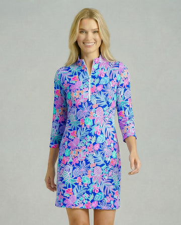 Tropical Basket 3/4 Slit Sleeves Portrait Neckline & Mock Zip Collar Dress 50Z60