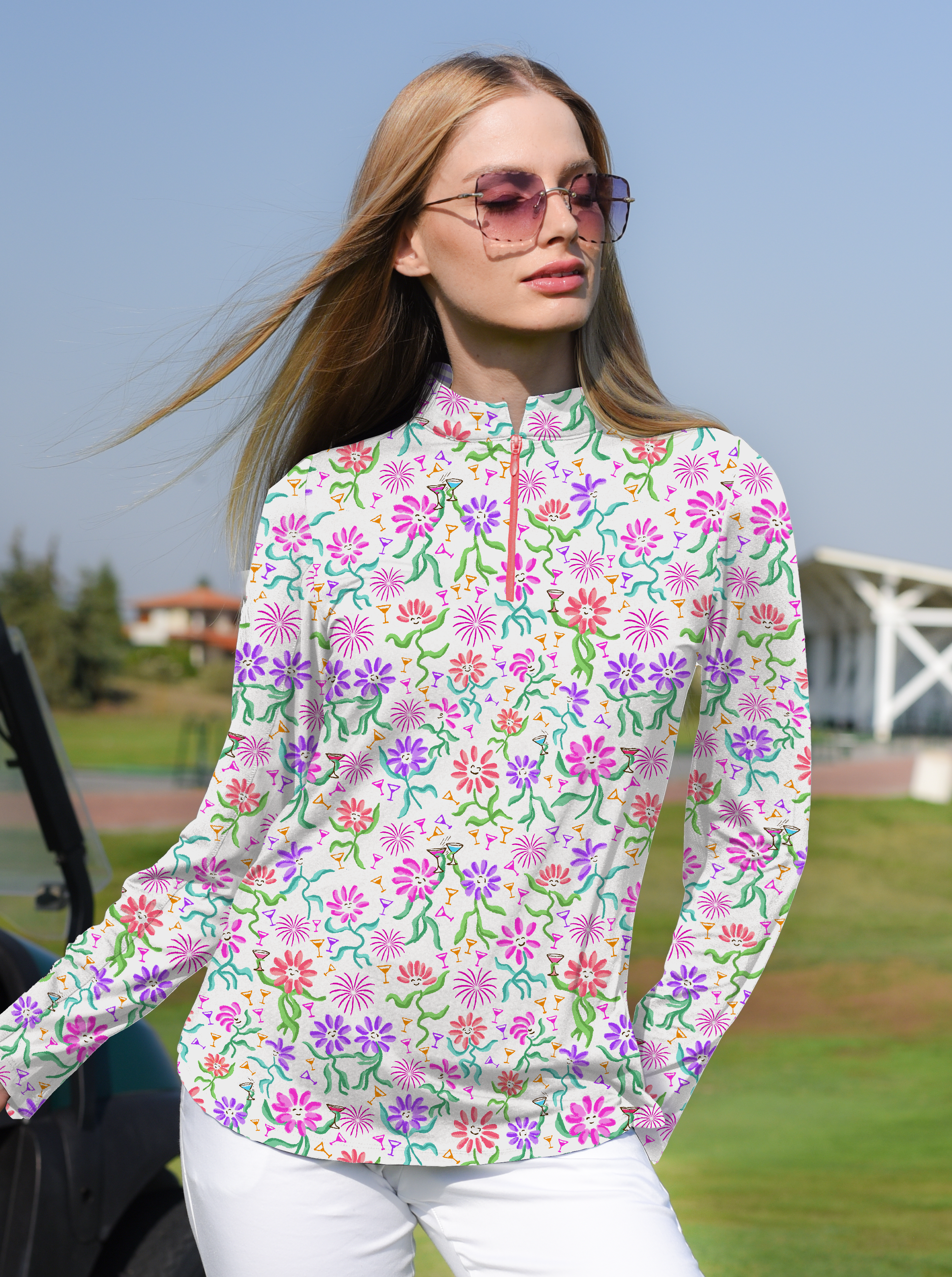 Daisy cocktail party Long Sleeve Zip Mock Top 86z55