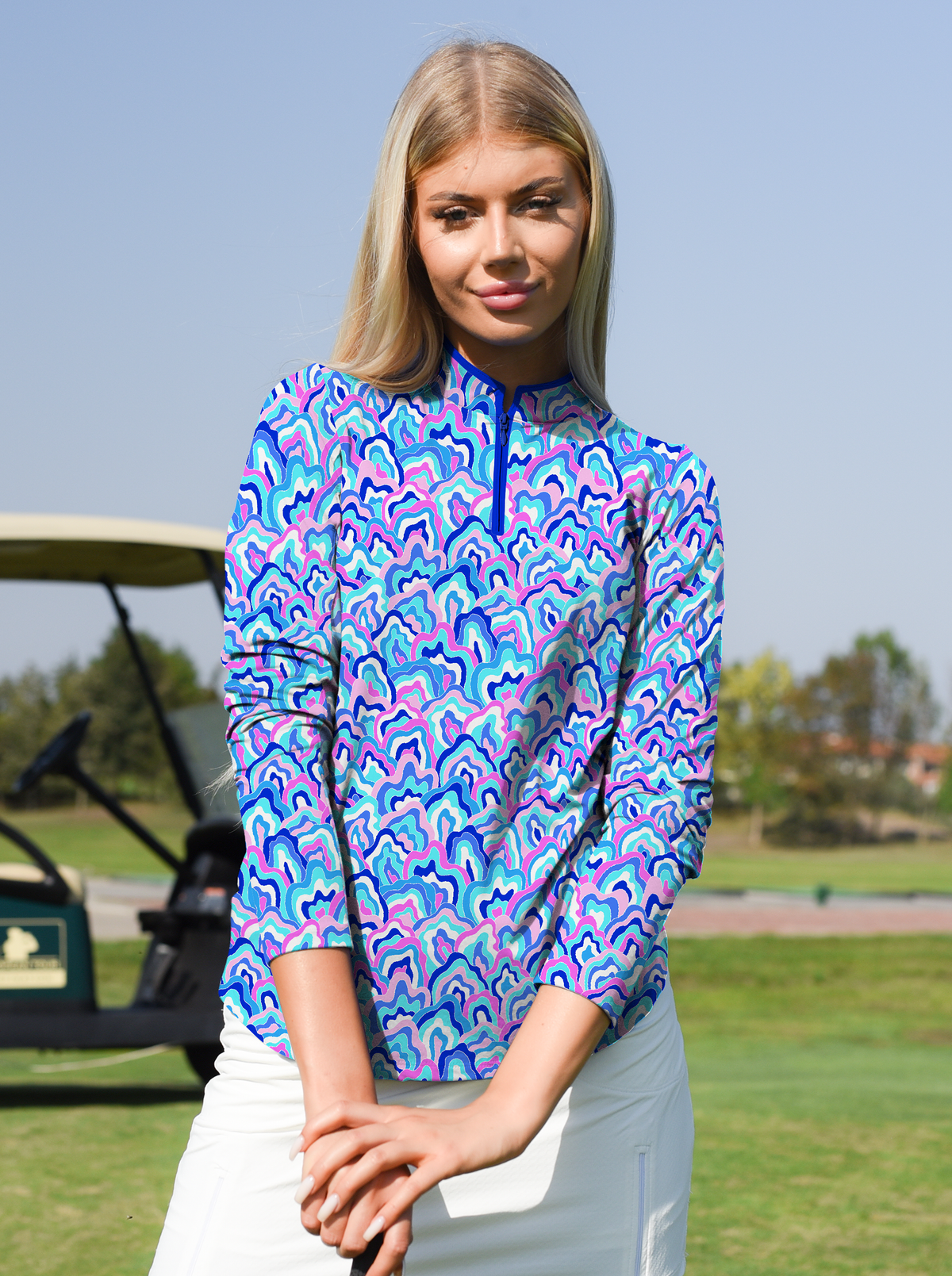 Out Of Course Long Sleeve Zip Mock Top WITH PIPING T86Z54