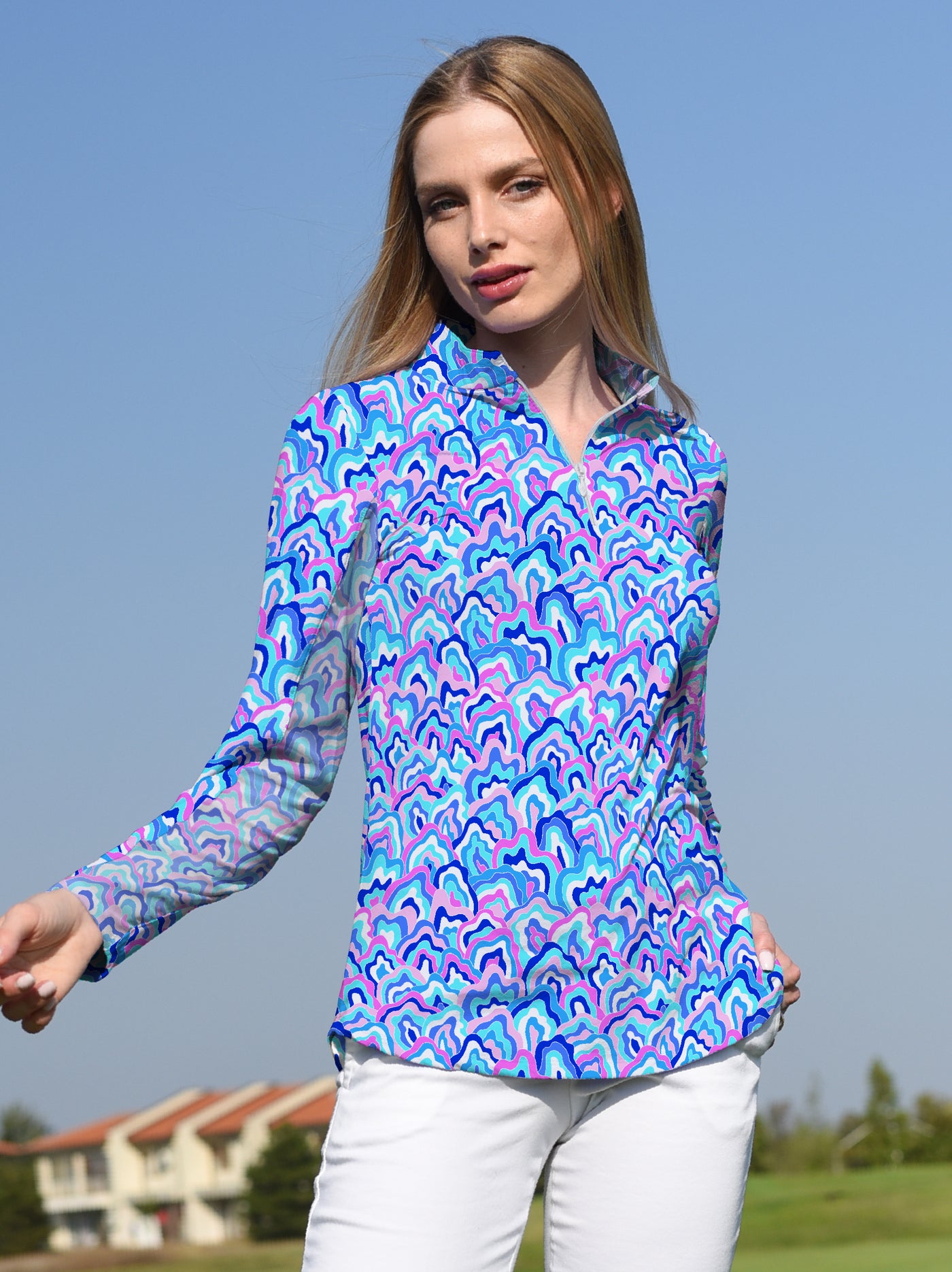 Out of course Long Sleeve Zip Mock Top 86Z54