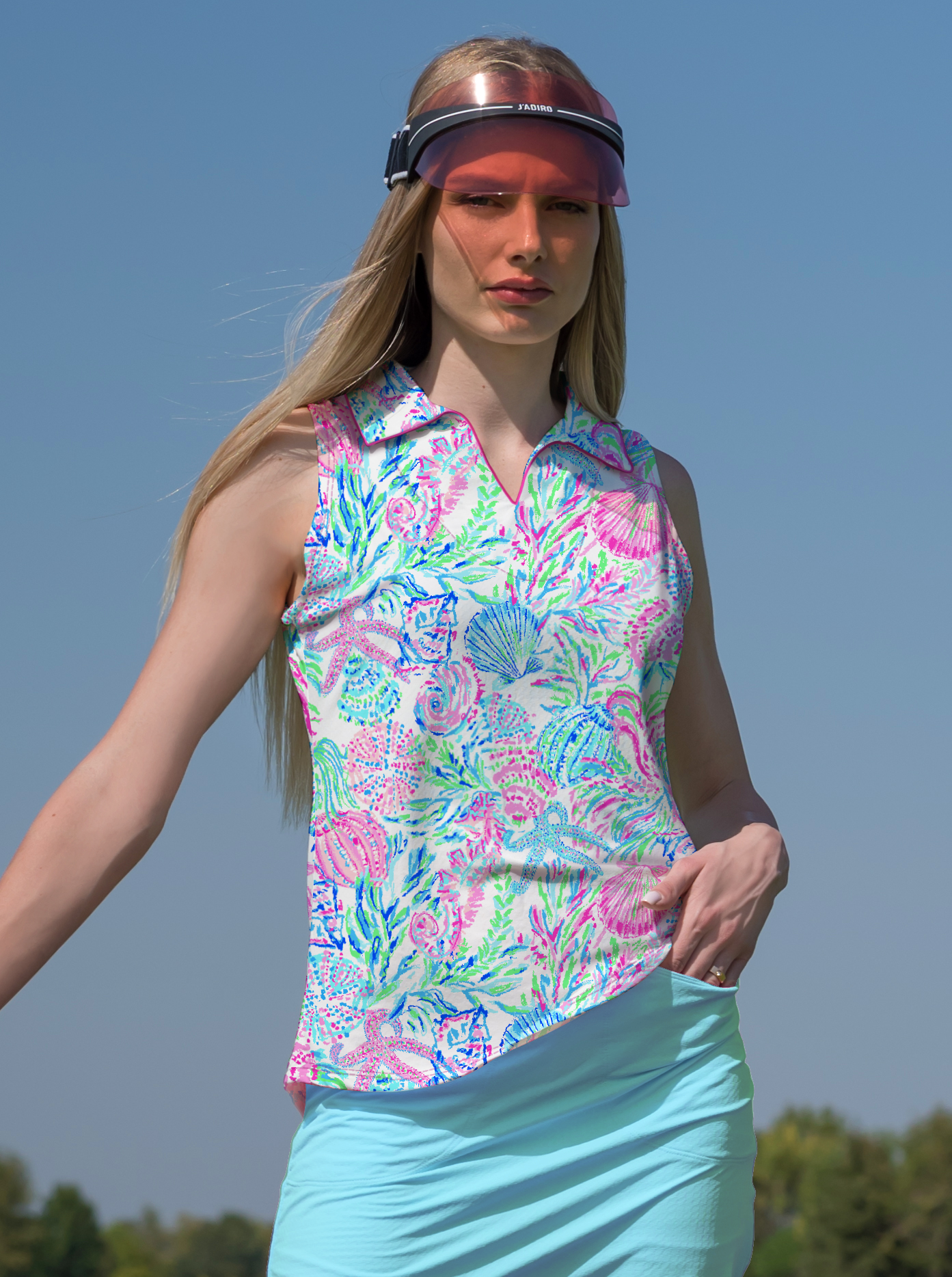Bay Island Sleeveless V-Neck Collar Top with Piping T88Z38