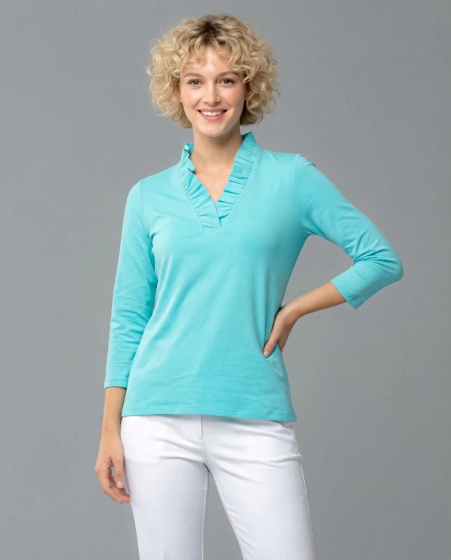 Solid 3/4 Sleeve Ruffle Portrait Neck Top 7600
