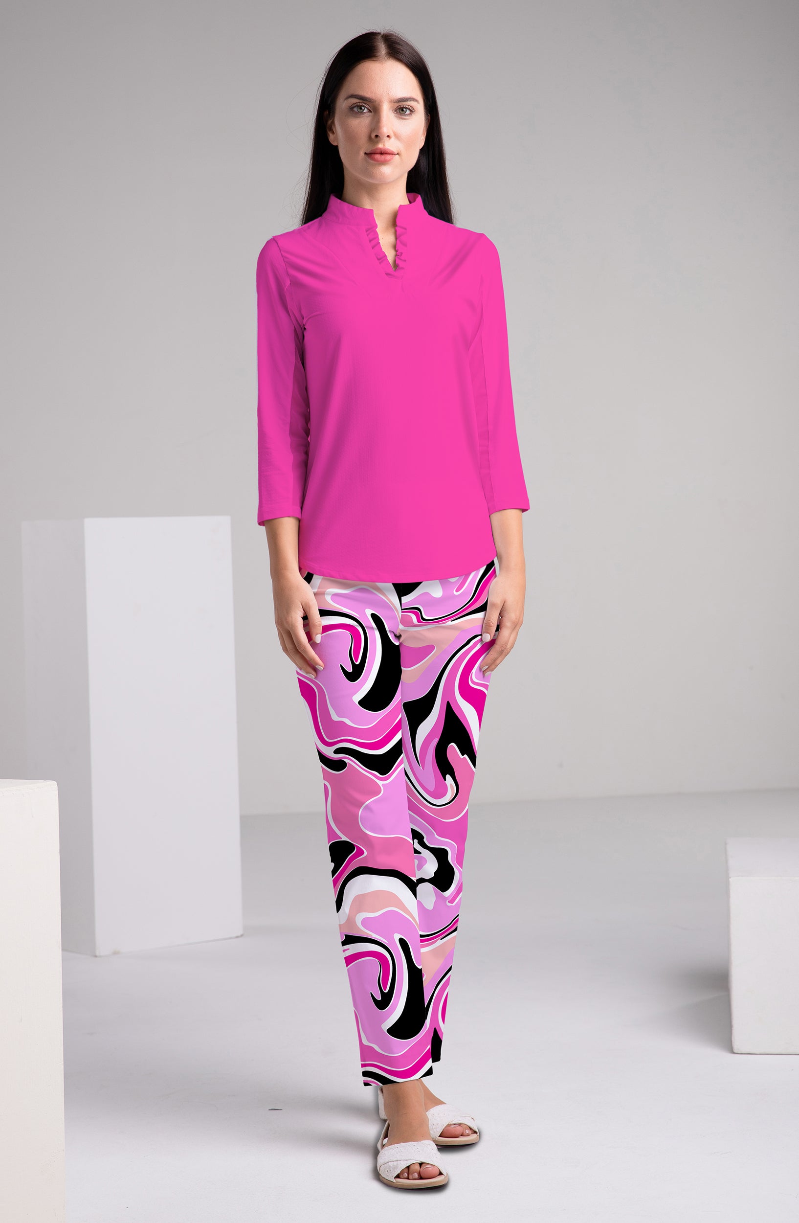 Solid 3/4 Sleeve Ruffle Placket Mock Top 9900