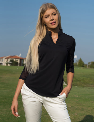 Solid 3/4 Sleeve Ruffle Placket Mock Top 9900