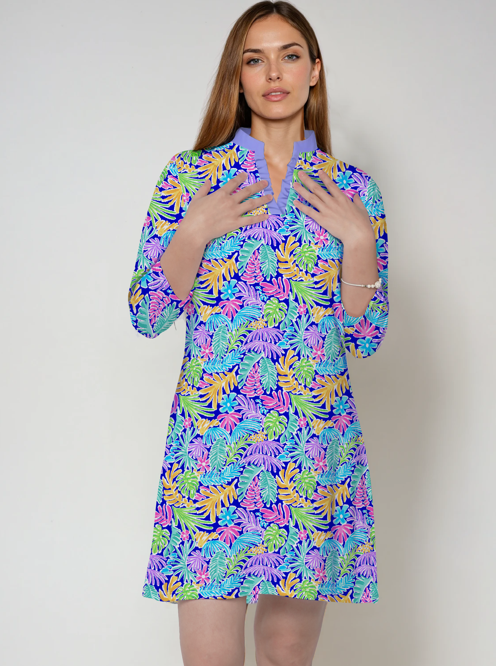 Deep Forest 3/4 Sleeve Ruffle Placket Mock Neck Dress