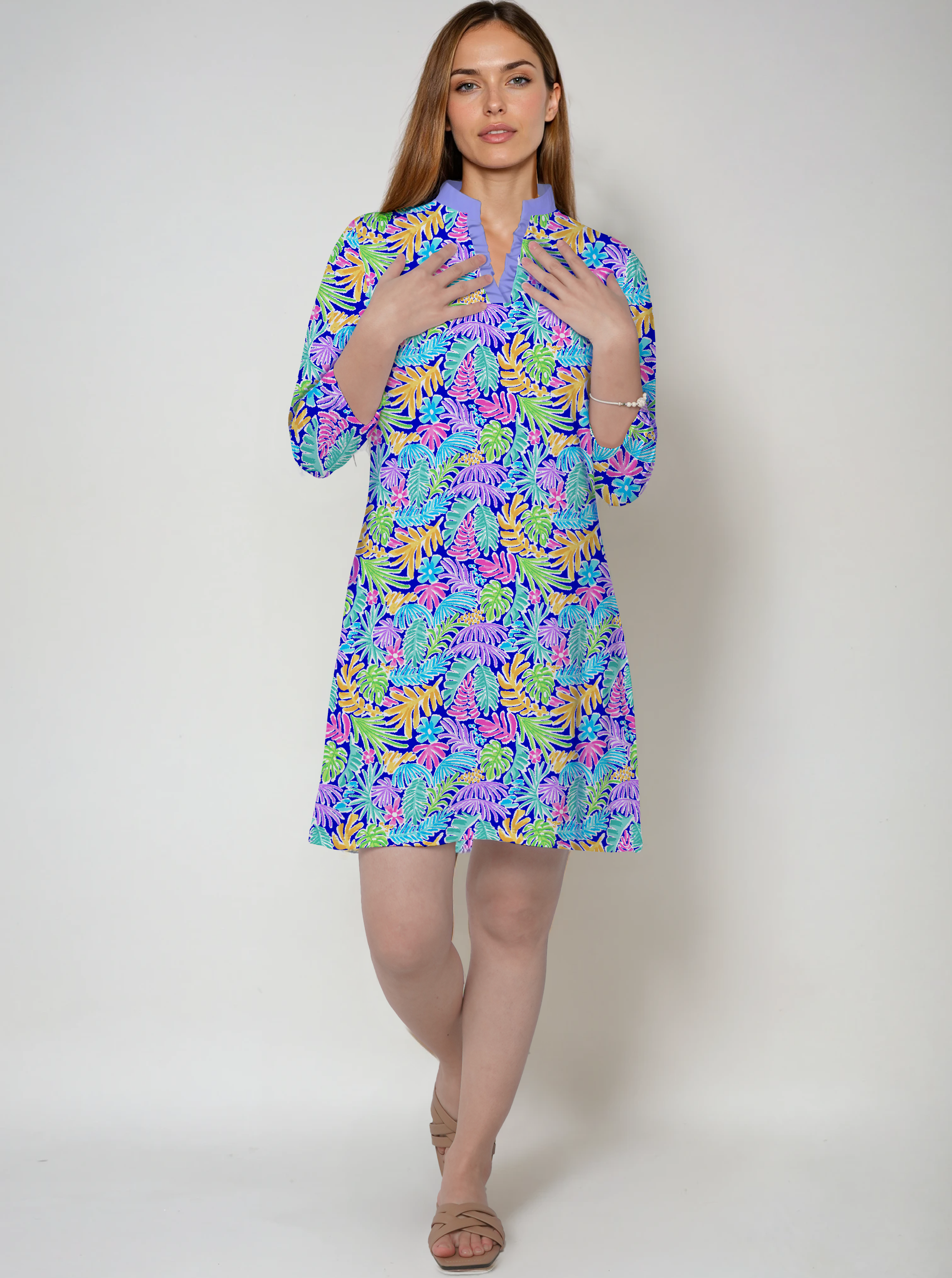 Deep Forest 3/4 Sleeve Ruffle Placket Mock Neck Dress