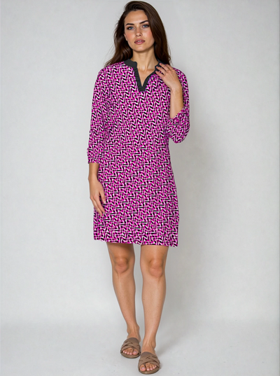 Velocity 3/4 Sleeve Ruffle Placket Mock Neck Dress