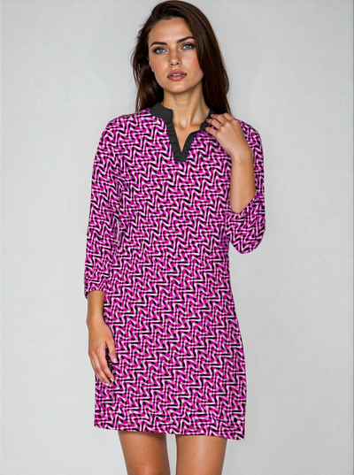 Velocity 3/4 Sleeve Ruffle Placket Mock Neck Dress