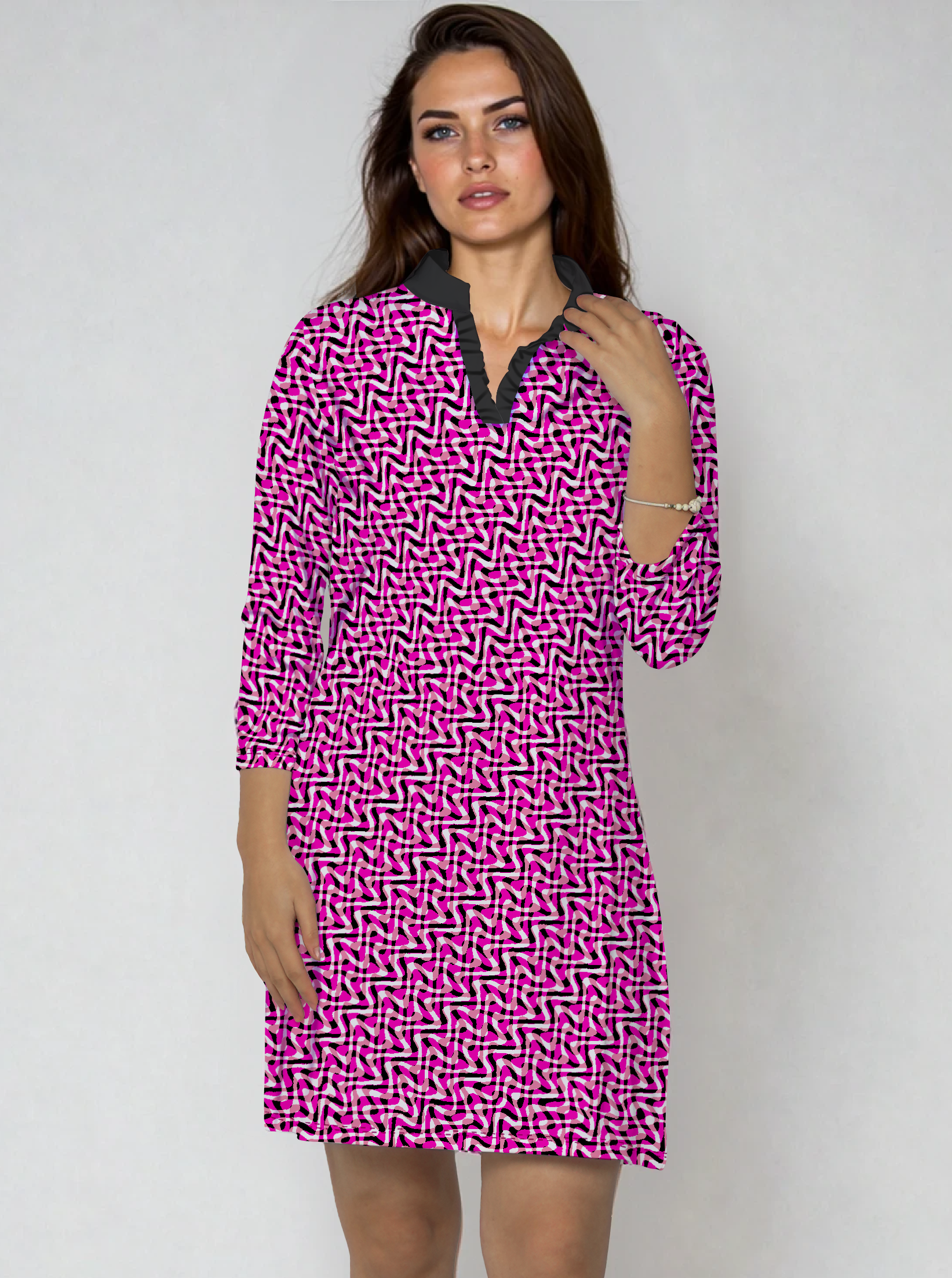 Velocity 3/4 Sleeve Ruffle Placket Mock Neck Dress