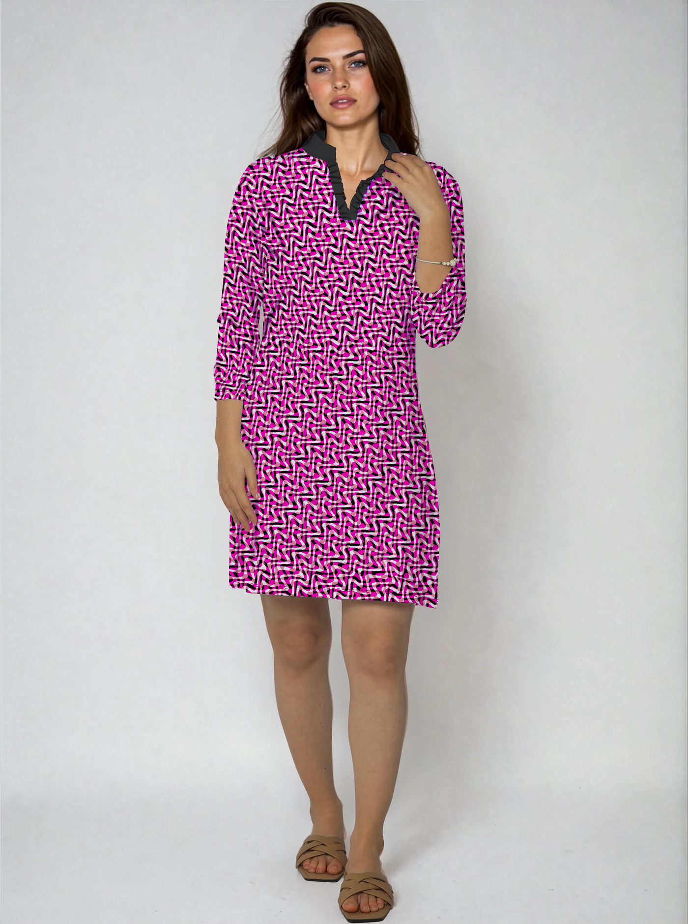 Velocity 3/4 Sleeve Ruffle Placket Mock Neck Dress