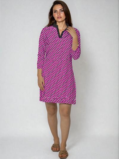 Velocity 3/4 Sleeve Ruffle Placket Mock Neck Dress