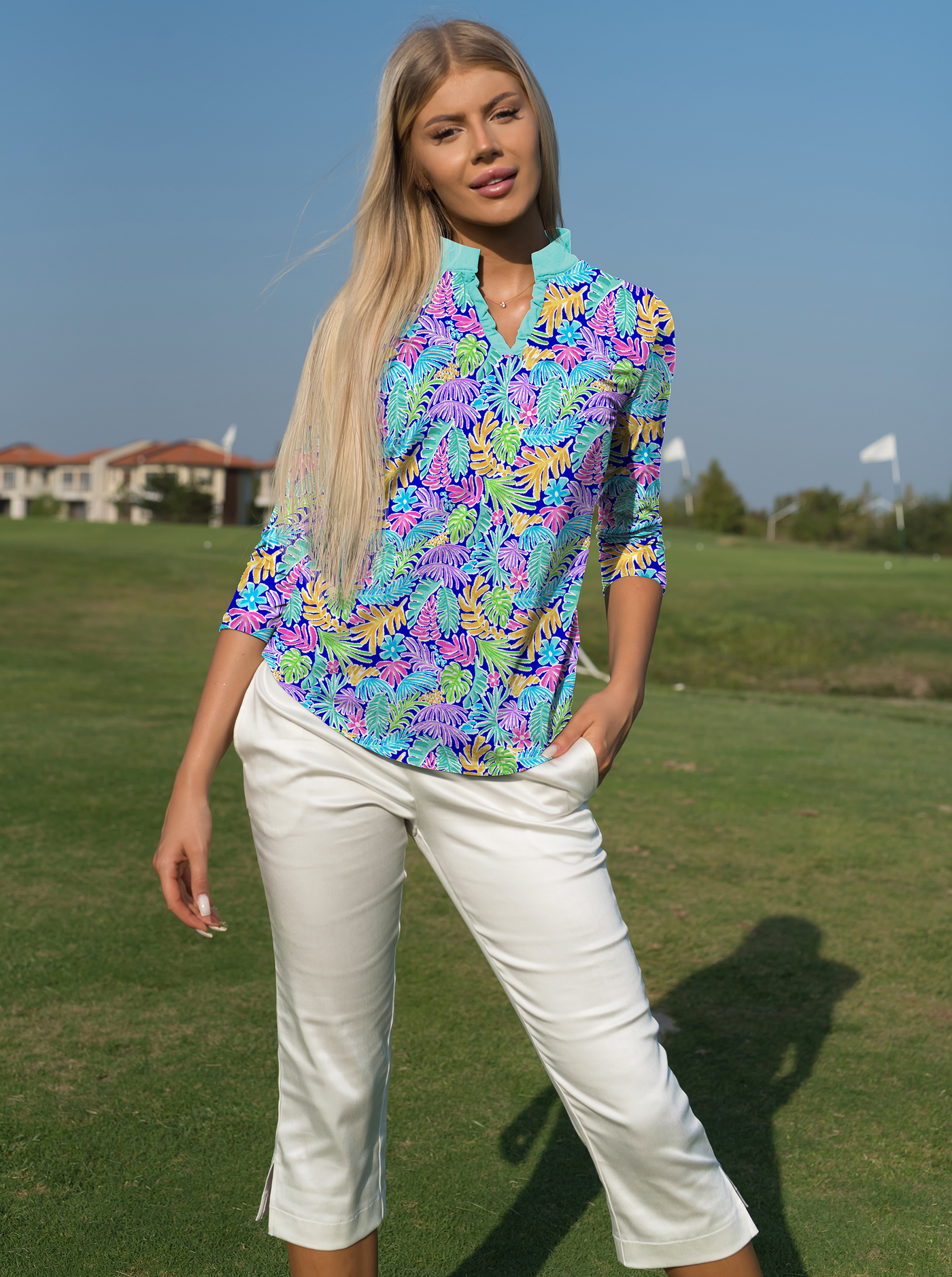 Deep Forest 3/4 Sleeve Ruffle Placket Mock Top T99Z44