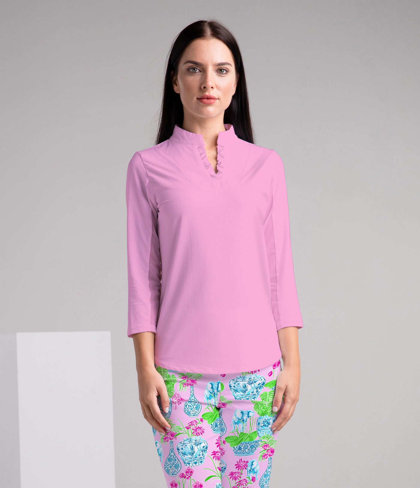 Solid 3/4 Sleeve Ruffle Placket Mock Top 9900