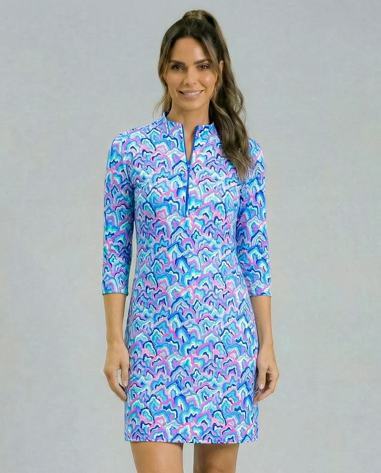 Out of Course 3/4 Slit Sleeve Portrait Neckline & Mock Zip Collar 50Z54