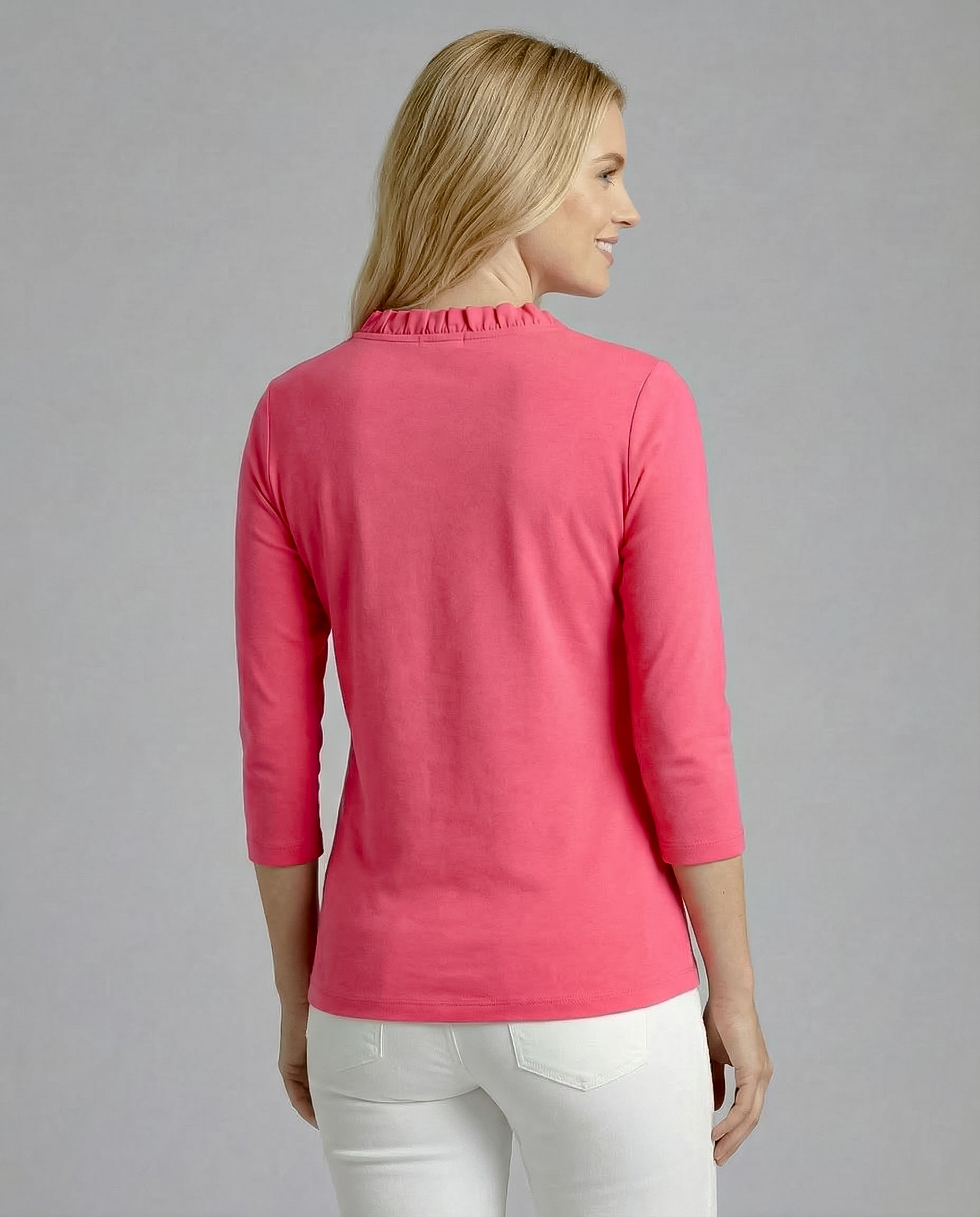 Solid 3/4 Sleeve Ruffle Portrait Neck Top 7600