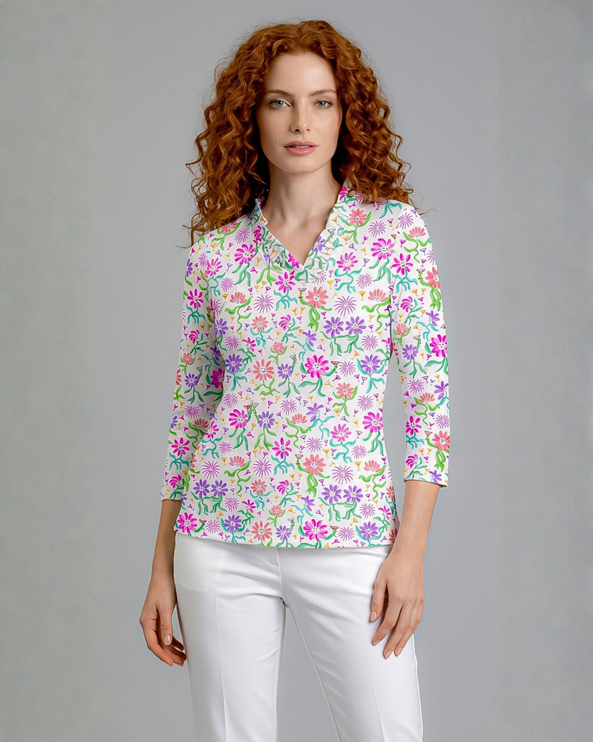 Daisy cocktail party 3/4 Sleeve Ruffle Portrait Neck Top 76Z55