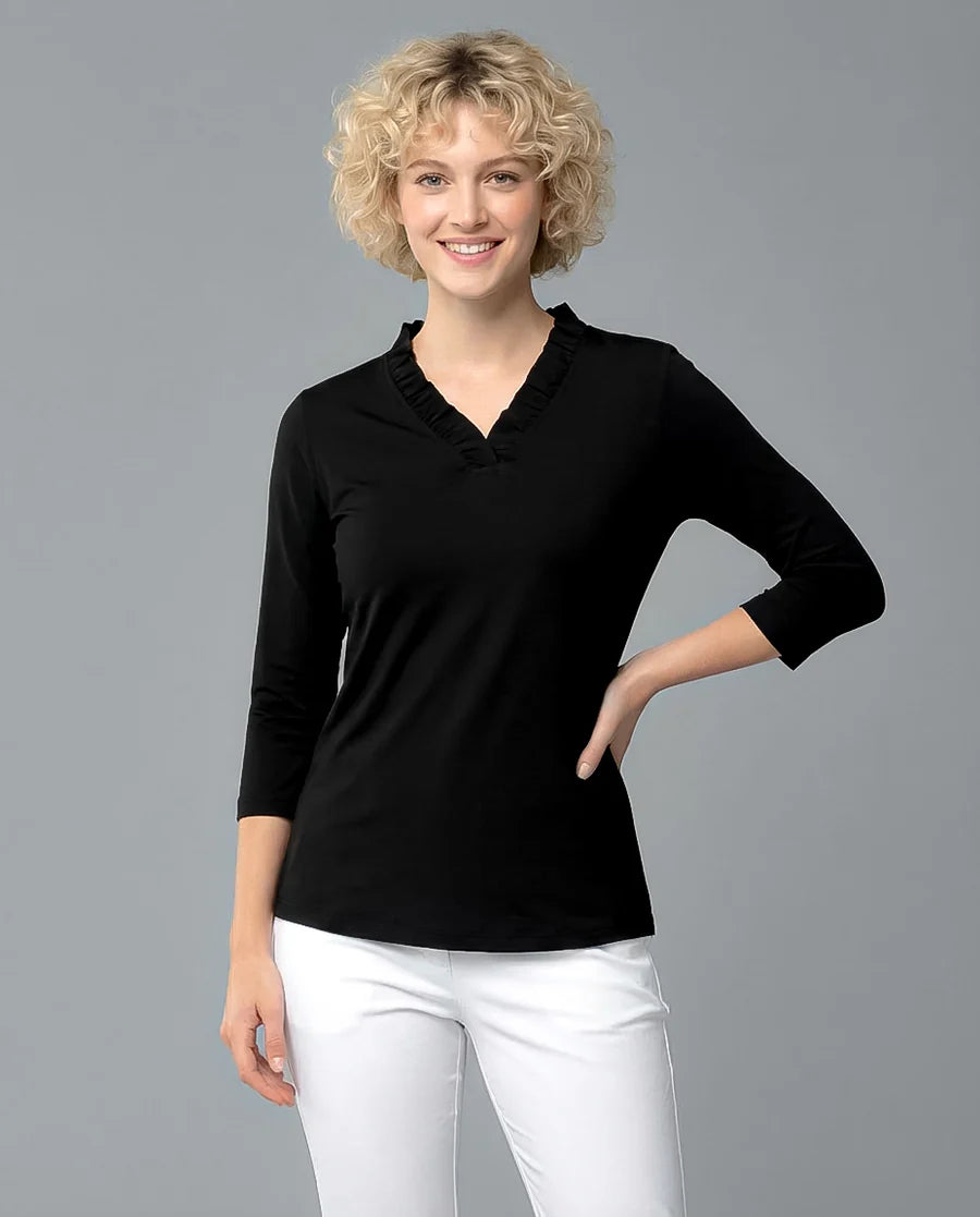 Solid 3/4 Sleeve Ruffle Portrait Neck Top 7600