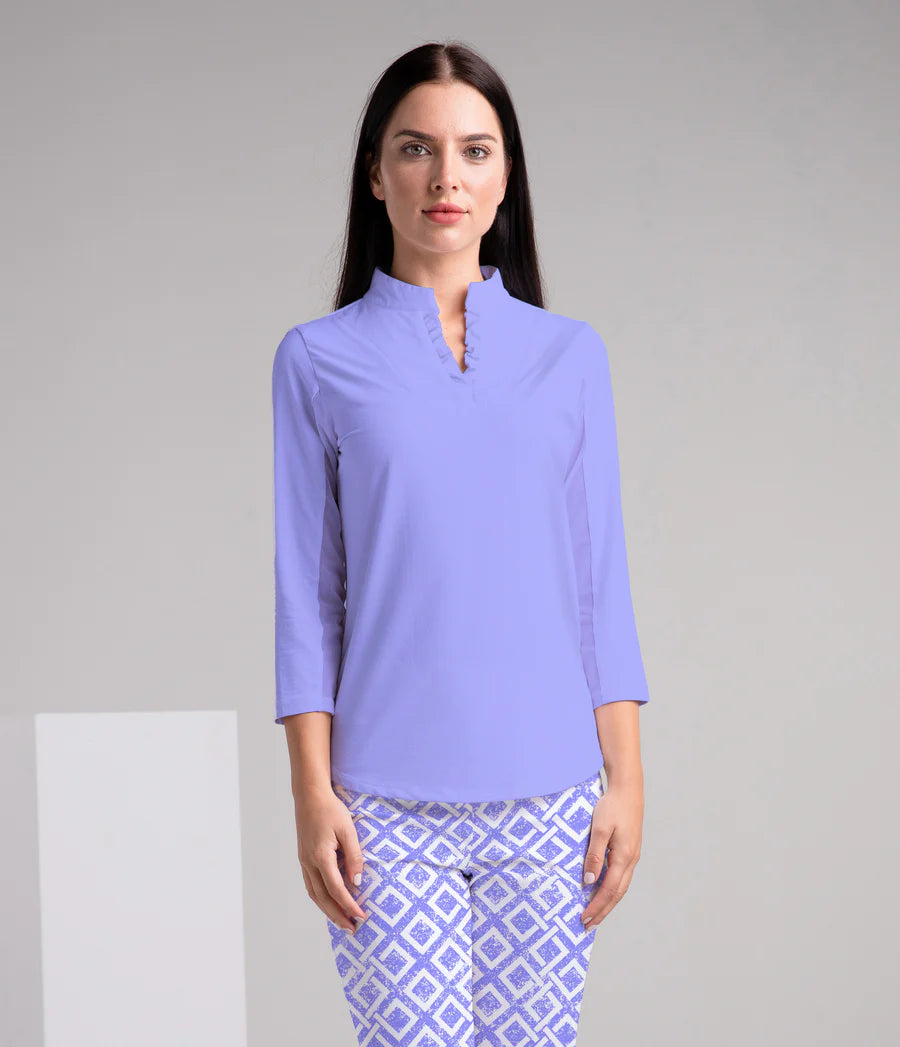 Solid 3/4 Sleeve Ruffle Placket Mock Top 9900