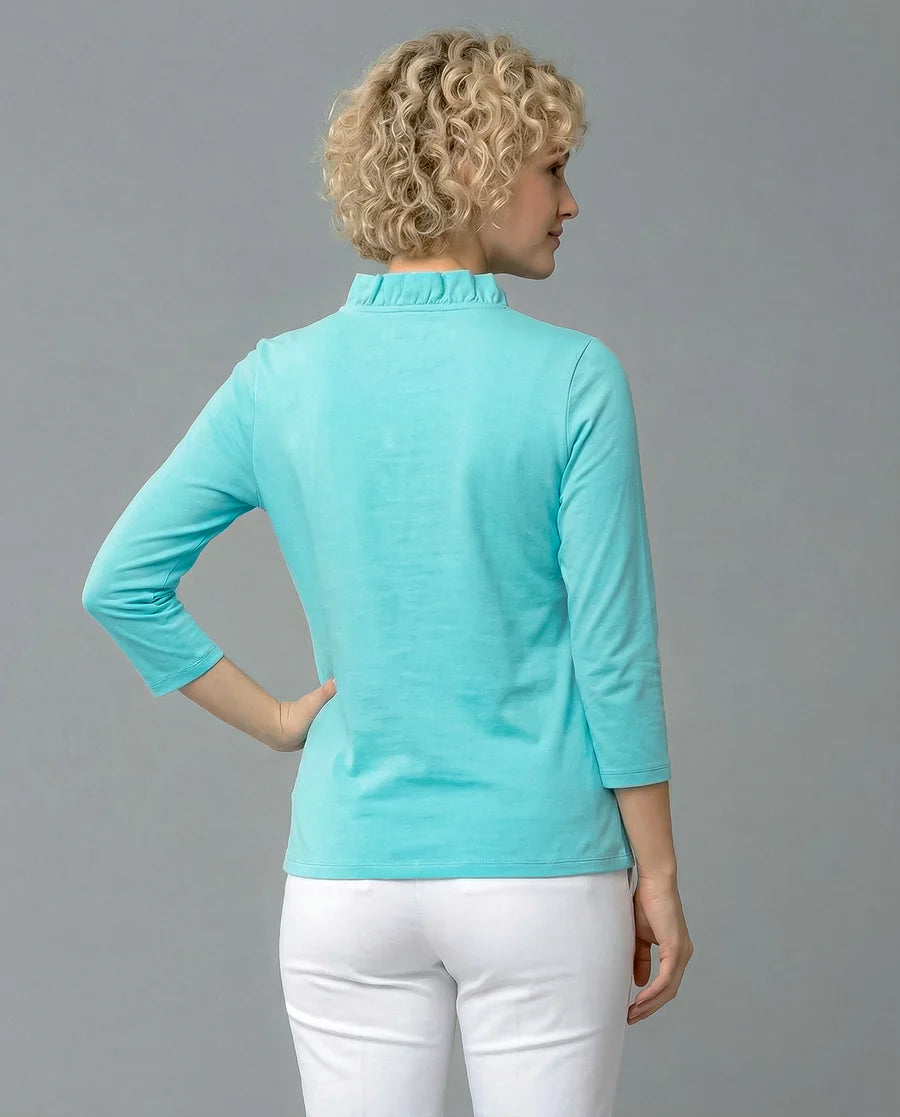 Solid 3/4 Sleeve Ruffle Portrait Neck Top 7600