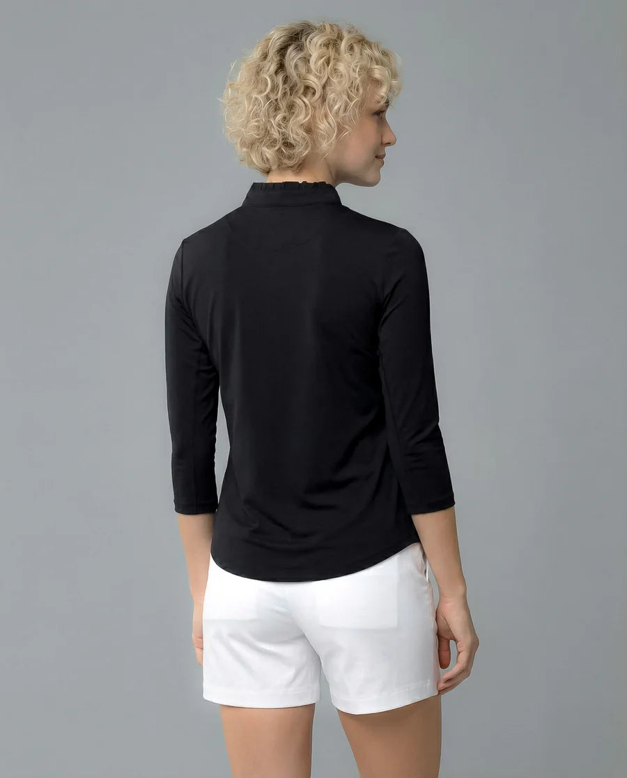 Solid 3/4 Sleeve Ruffle Placket Mock Top 9900
