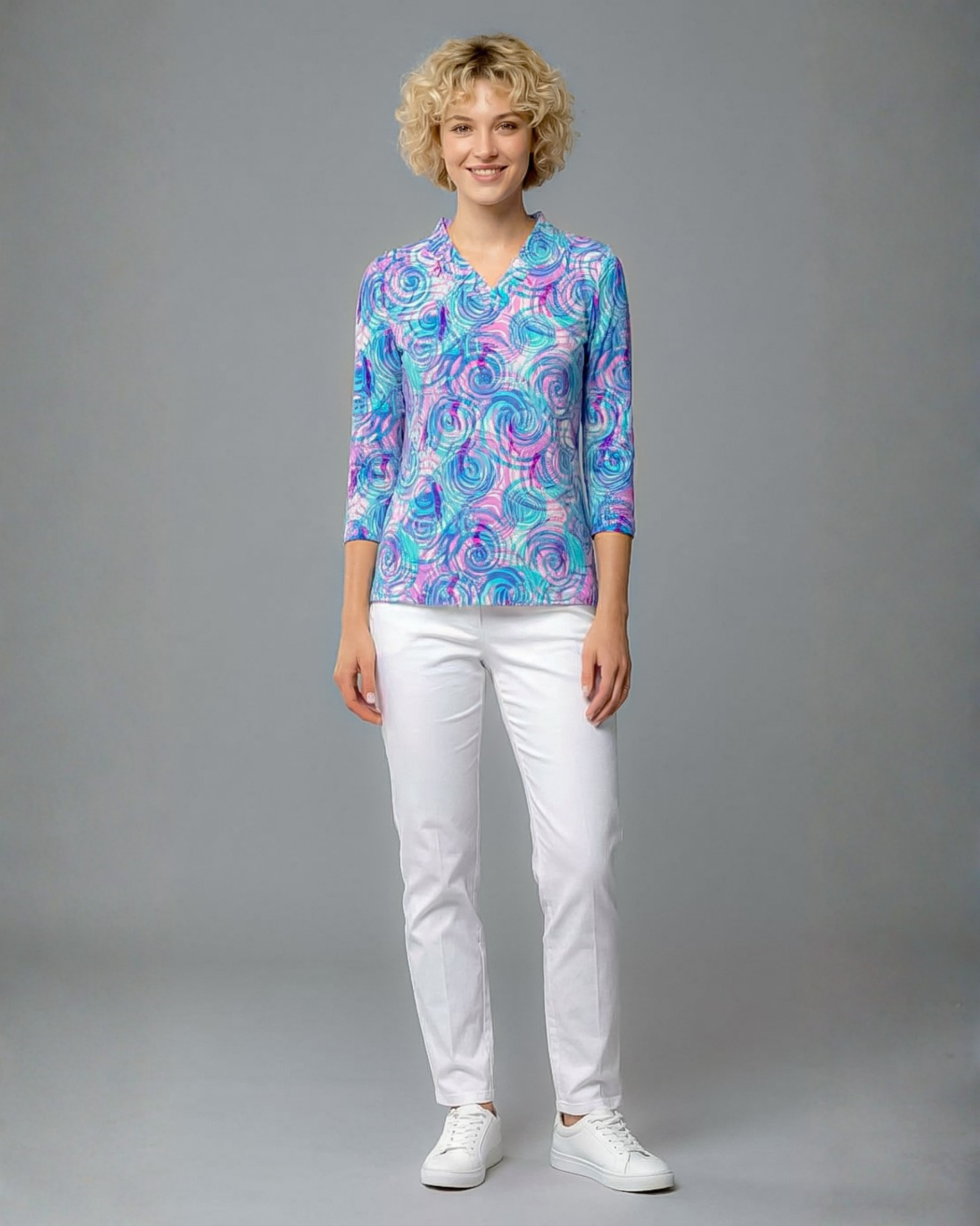 Swing Around 3/4 Sleeve Ruffle Portrait Neck Top 76Z61