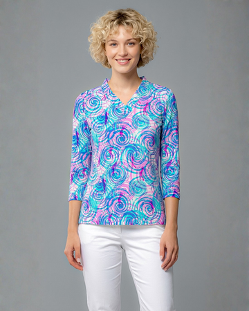 Swing Around 3/4 Sleeve Ruffle Portrait Neck Top 76Z61