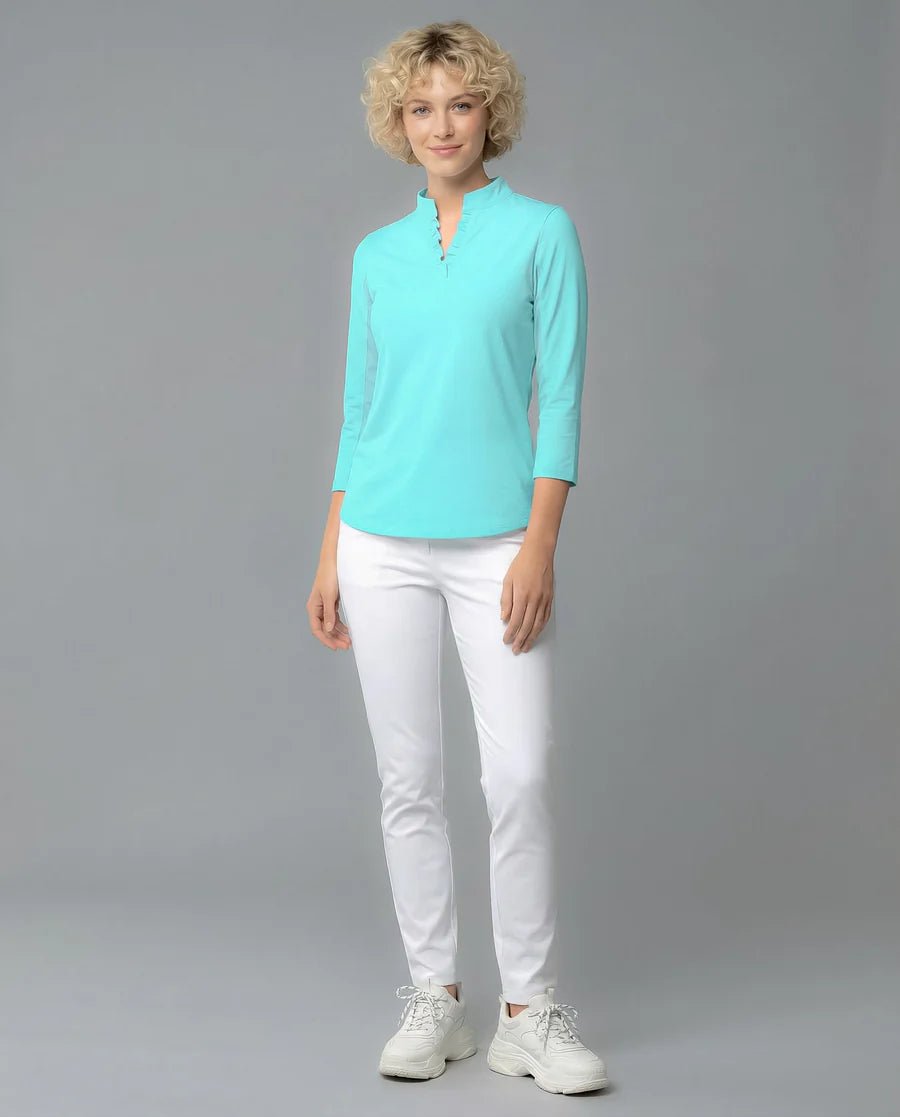 Solid 3/4 Sleeve Ruffle Placket Mock Top 9900