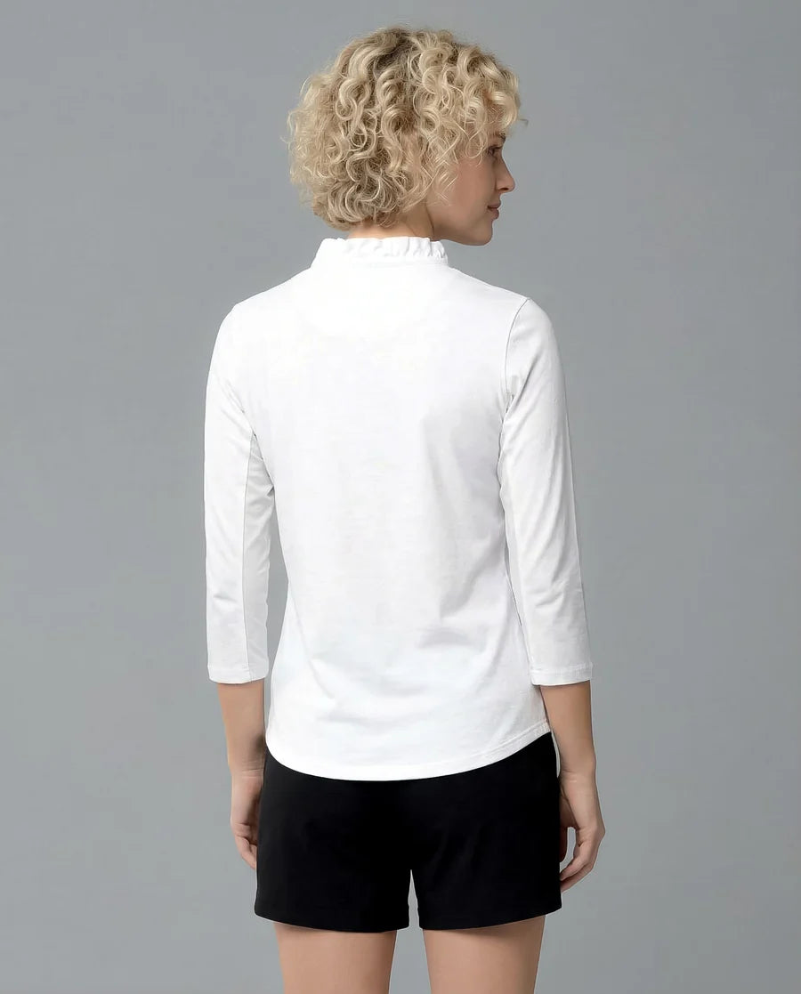 Solid 3/4 Sleeve Ruffle Placket Mock Top 9900