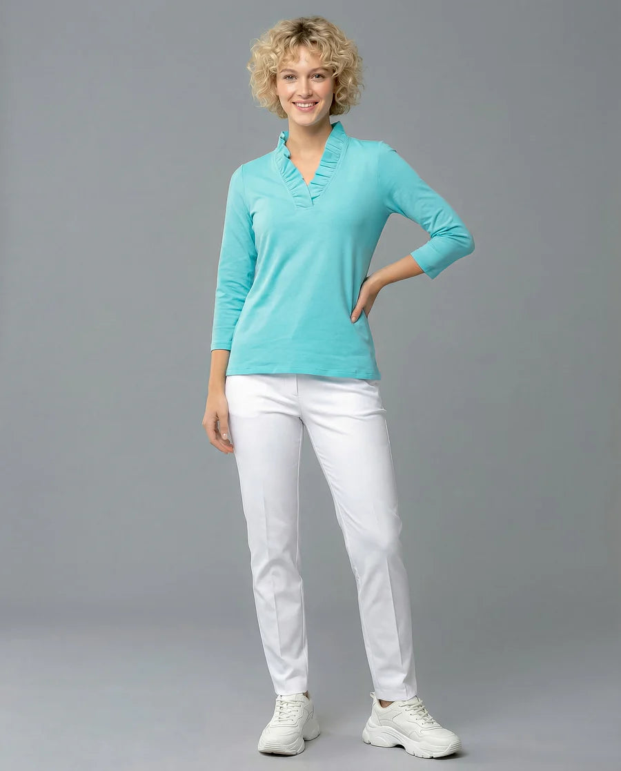 Solid 3/4 Sleeve Ruffle Portrait Neck Top 7600