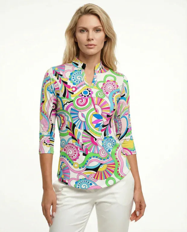 Desiree 3/4 Sleeve Ruffle Placket Mock Top 99Z53