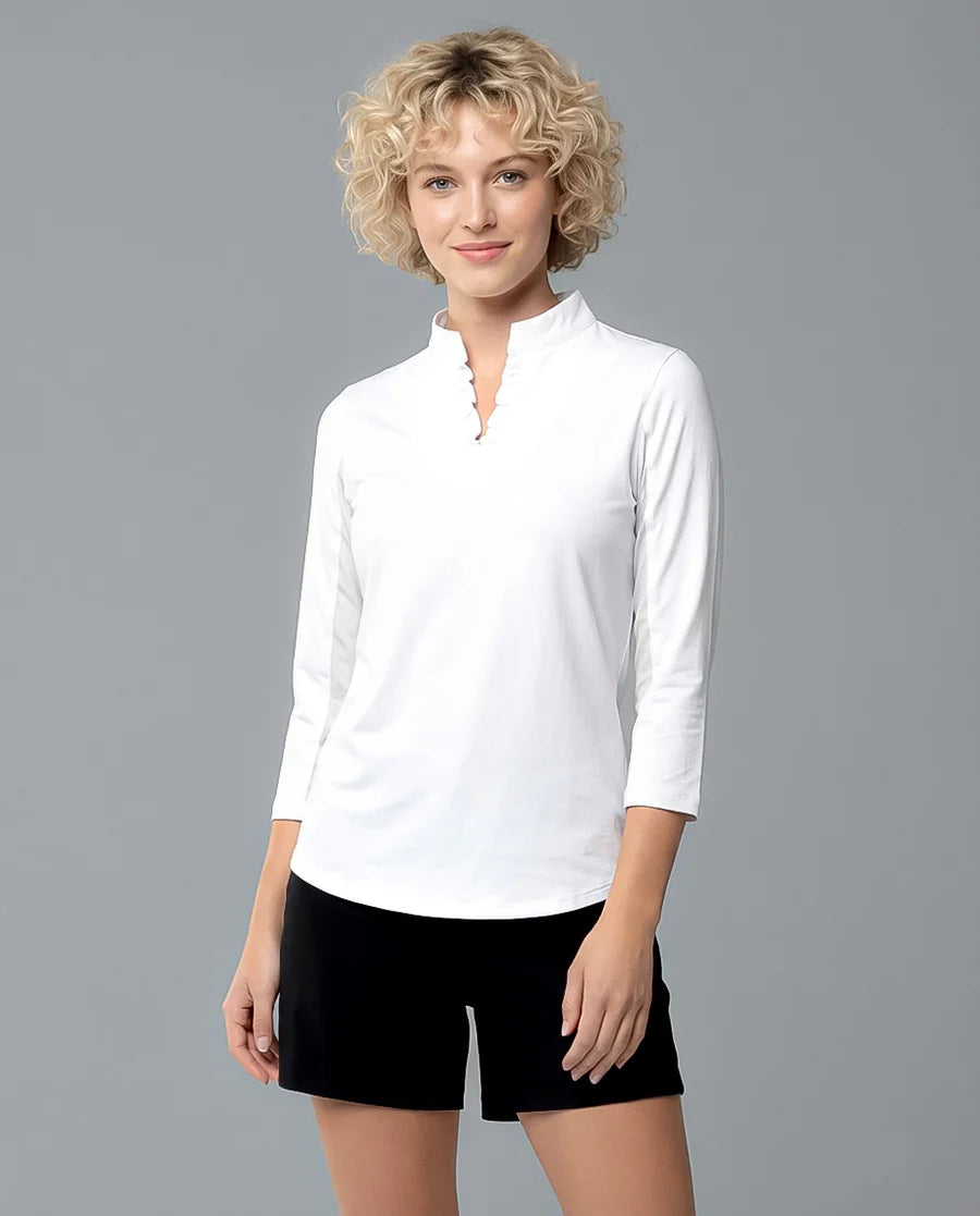 Solid 3/4 Sleeve Ruffle Placket Mock Top 9900