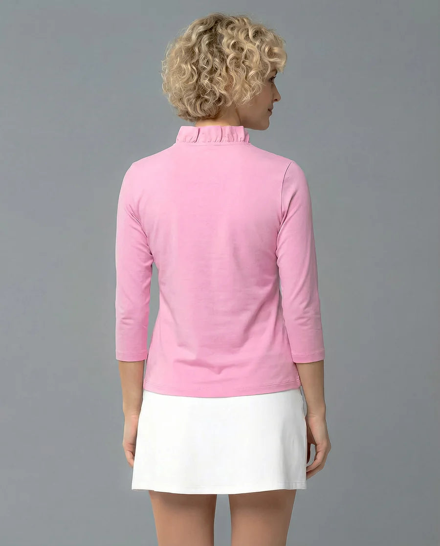 Solid 3/4 Sleeve Ruffle Portrait Neck Top 7600