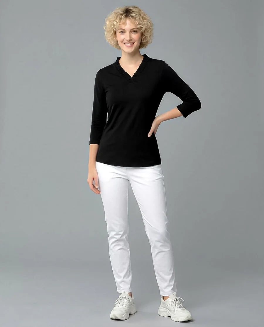 Solid 3/4 Sleeve Ruffle Portrait Neck Top 7600