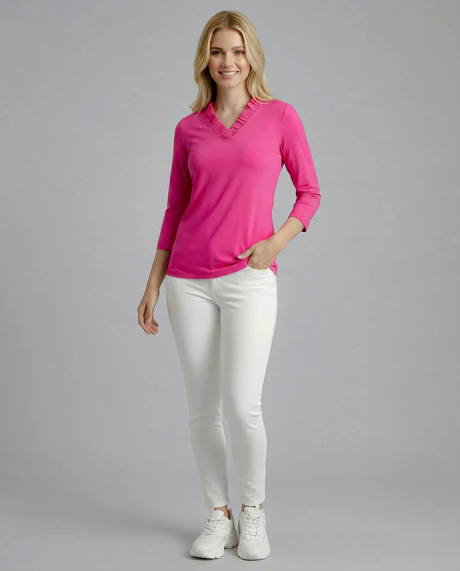 Solid 3/4 Sleeve Ruffle Portrait Neck Top 7600
