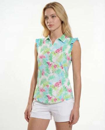 Flamenco Ruffle Solid Puff Sleeve Polo Top T98z40