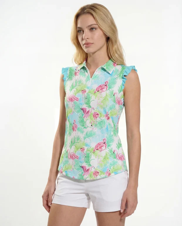 Flamenco Ruffle Solid Puff Sleeve Polo Top T98z40