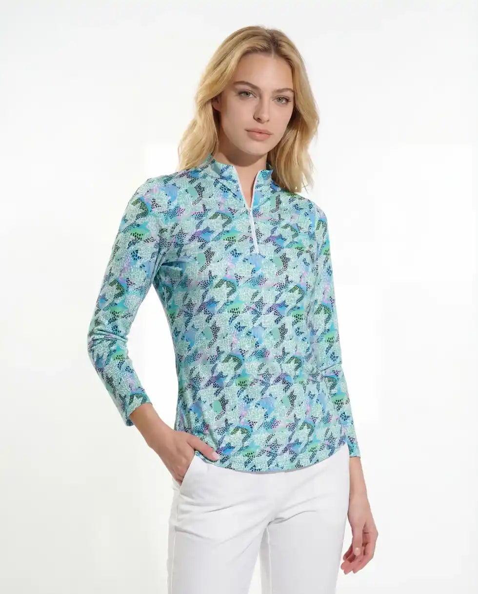 Houndstooth Long Sleeve Zip Mock Top 86Z07