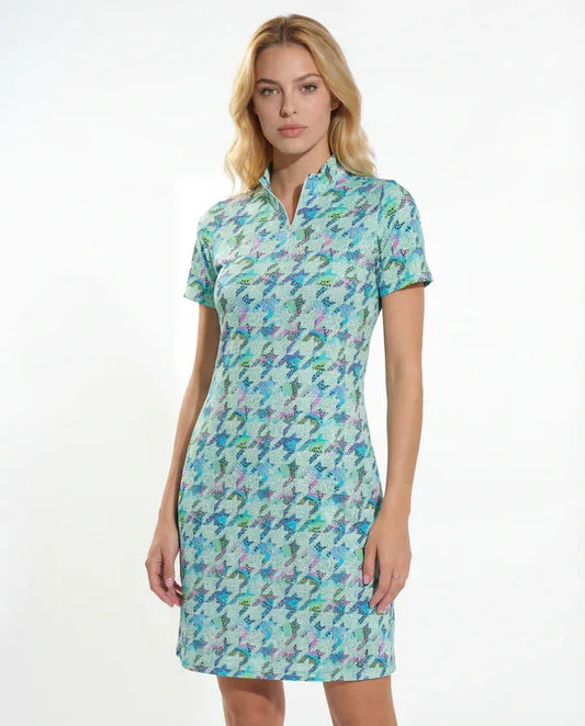 Houndstooth Mock Neck Half Sleeve Dress W/Pocket 58Z07