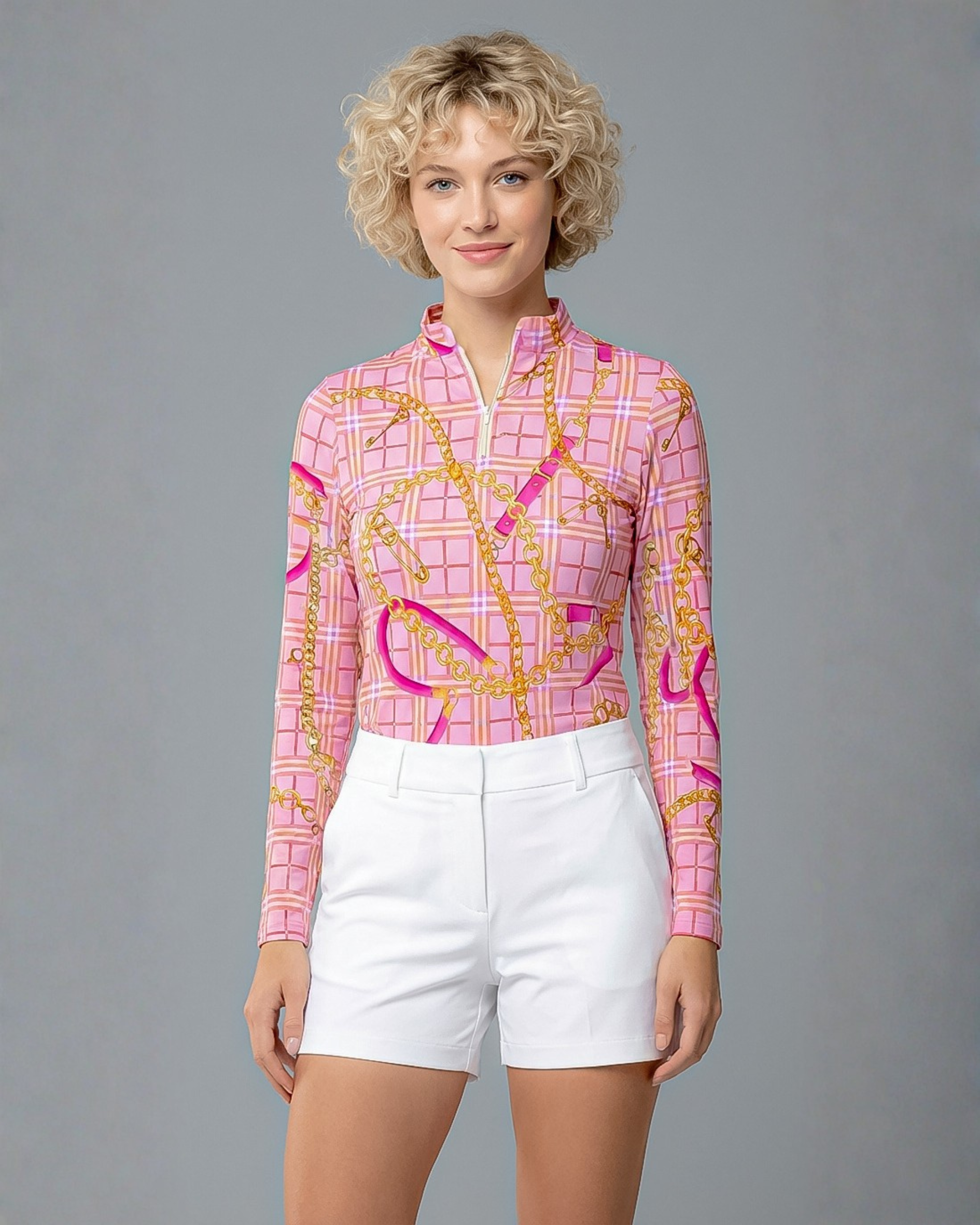 Check & Chain Long Sleeve Zip Mock Top 86Z16