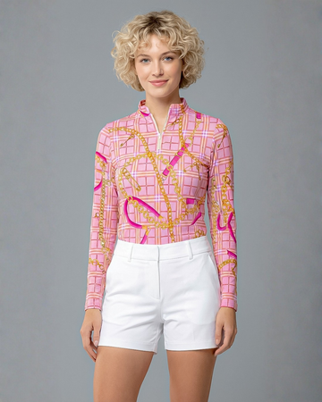 Check & Chain Long Sleeve Zip Mock Top 86Z16