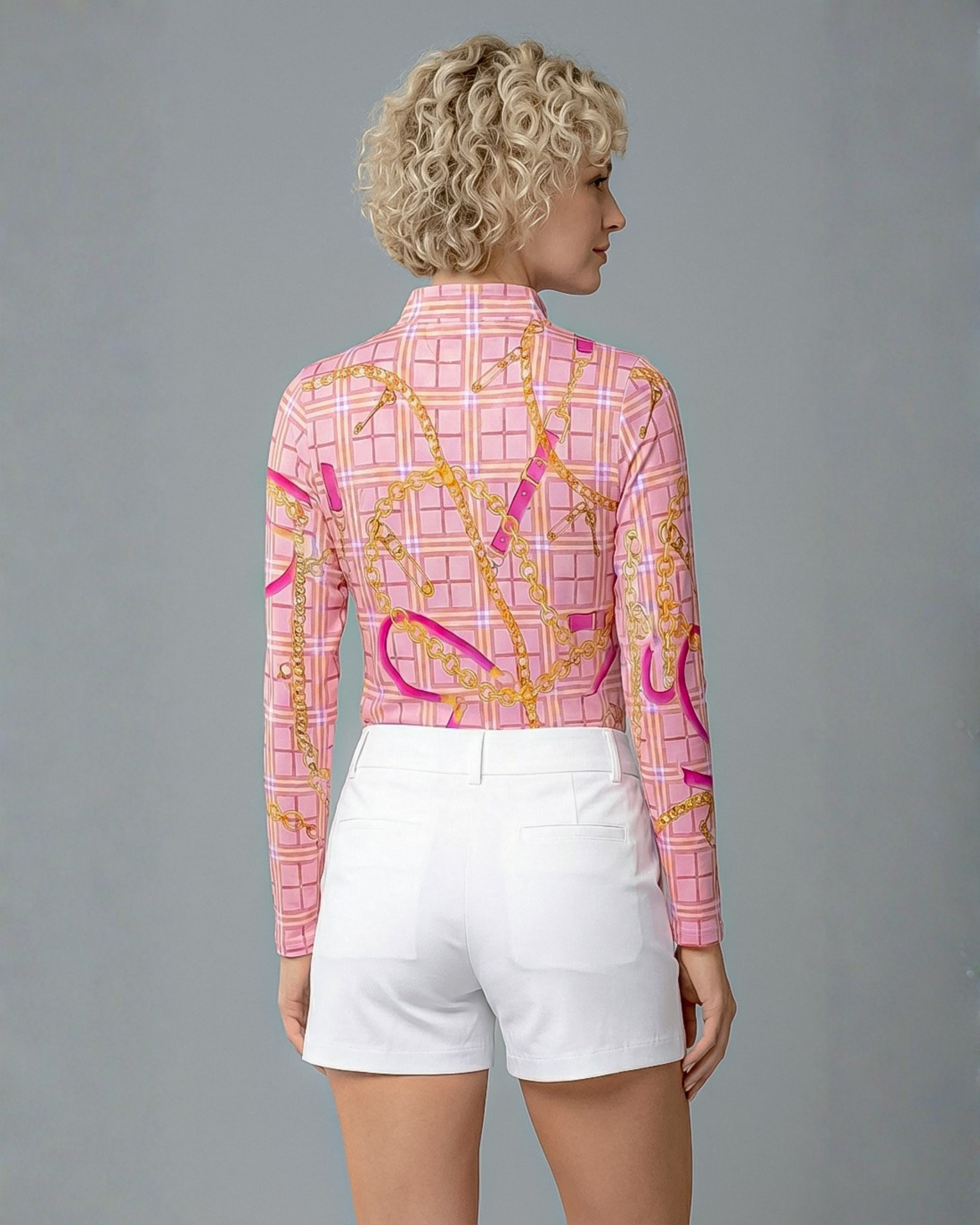 Check & Chain Long Sleeve Zip Mock Top 86Z16
