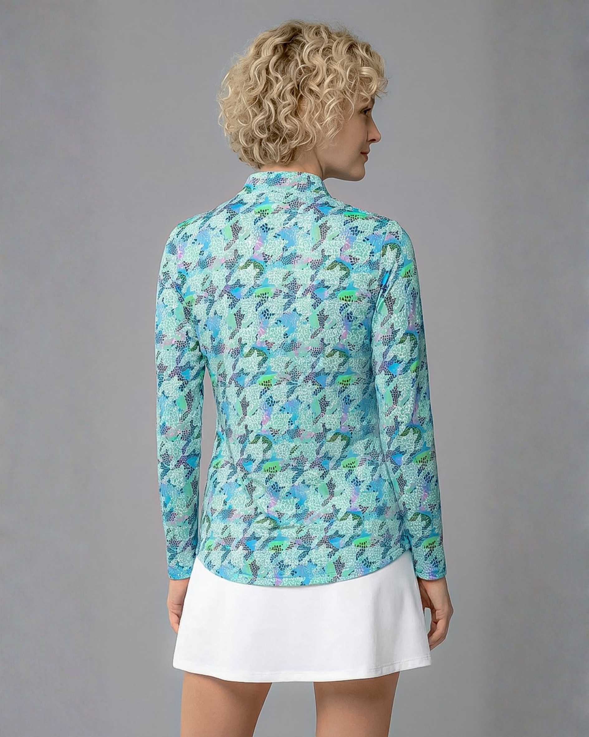 Houndstooth Long Sleeve Zip Mock Top 86Z07