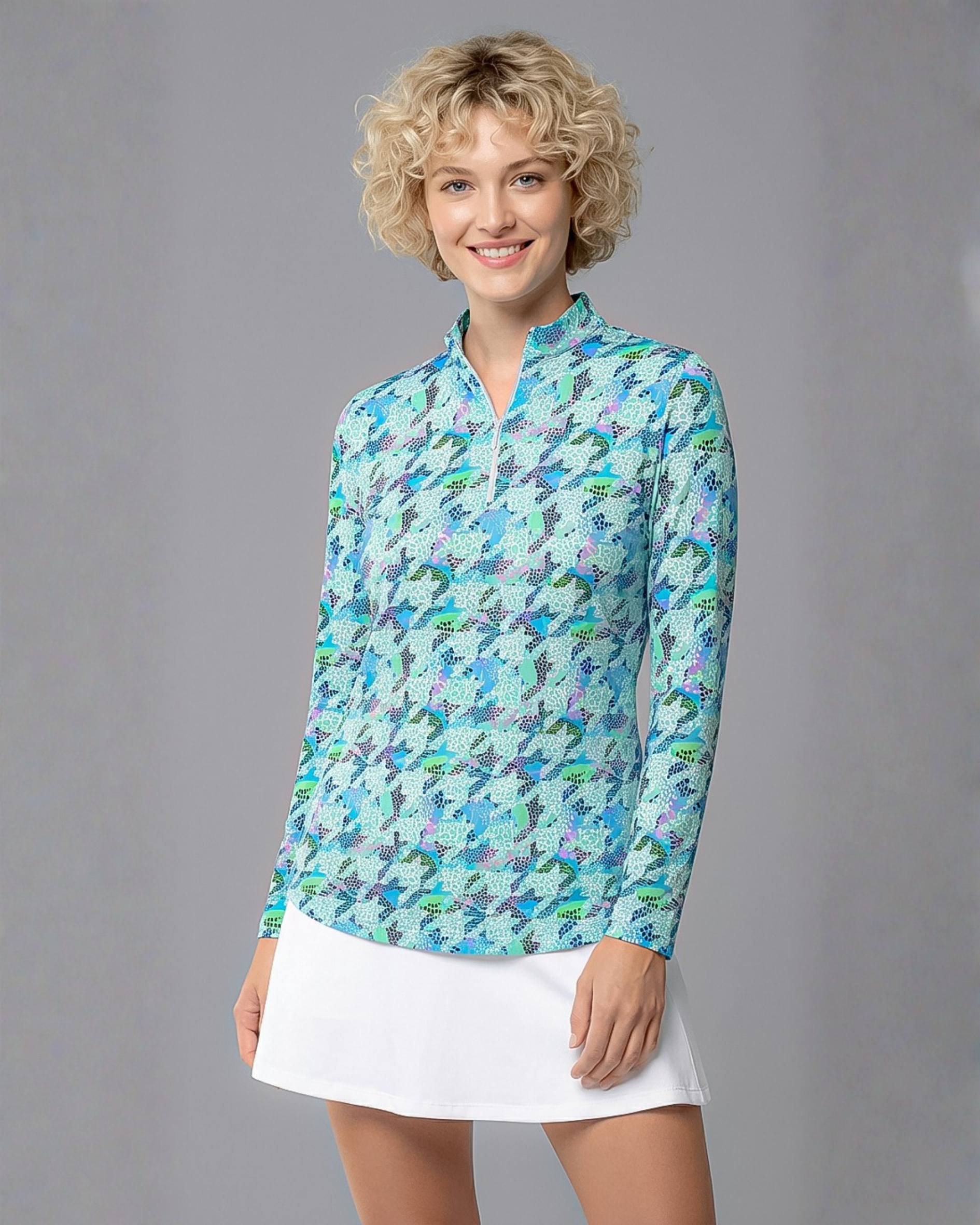 Houndstooth Long Sleeve Zip Mock Top 86Z07