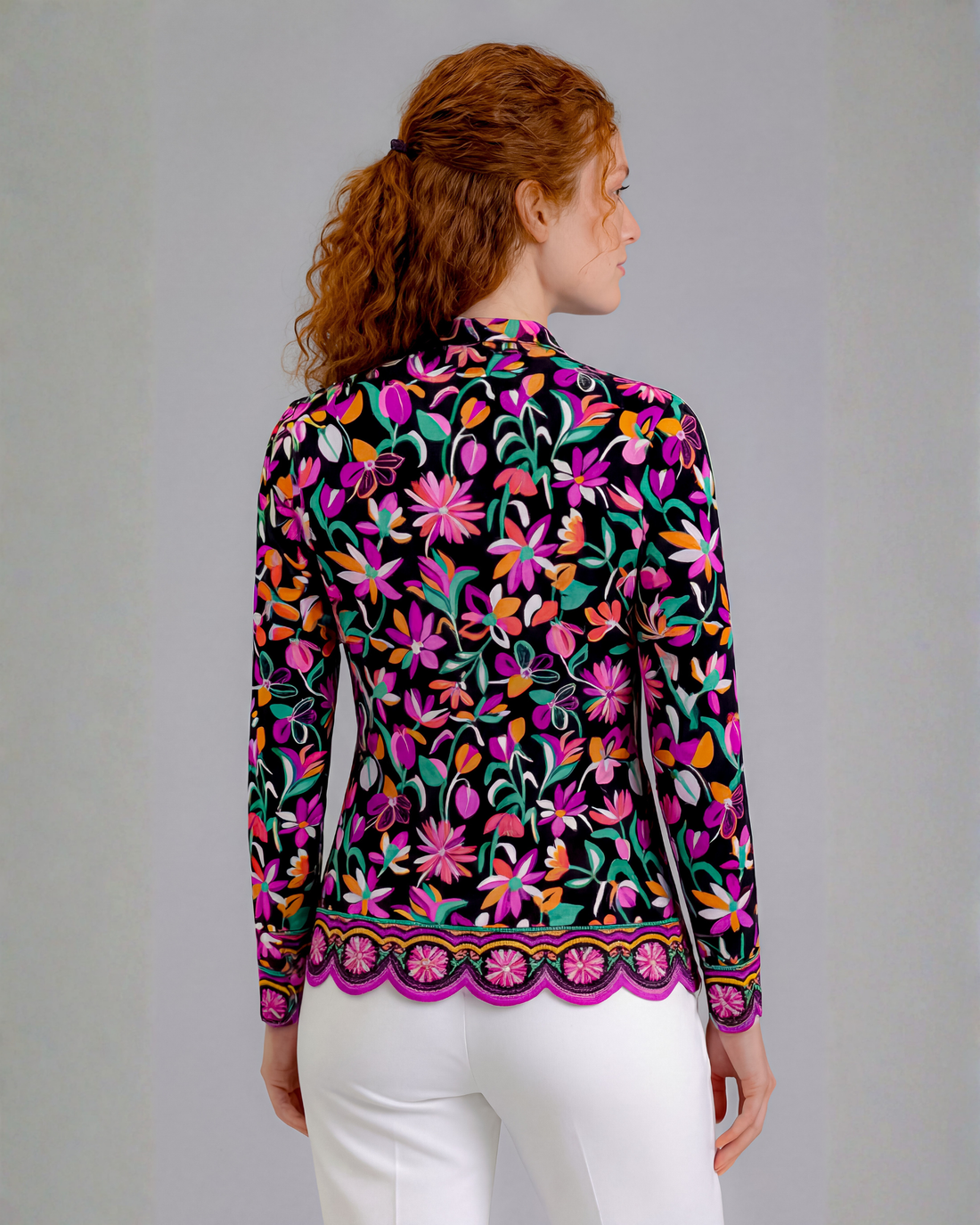 Gardenia Long Sleeve Zip Mock Top With Scallop Hem 86z59